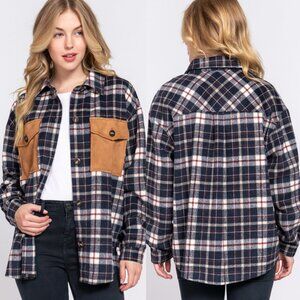 Active USA Navy Burgundy Suede Pocket Brushed Plaid Shacket NEW